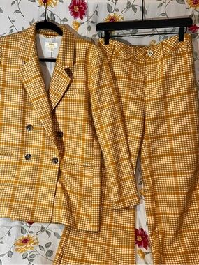 MAEVE BY ANTHROPOLOGIE MUSTARD YELLOW PLAID DOUBLE-BREASTED BLAZER & TROUSER SET